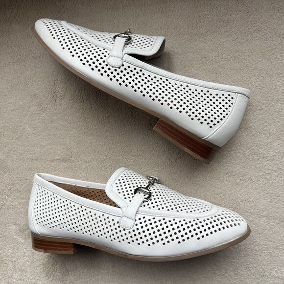 Johnston & Murphy Ali White Perforated Leather Loafer Shoes Women 6.5 Silver Bit - Picture 1 of 16
